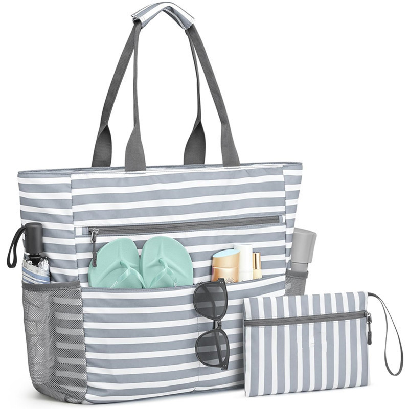 Large Waterproof Beach Bag with Zipper – Spacious, Foldable Beach Tote with 13 Pockets for Summer Getaways