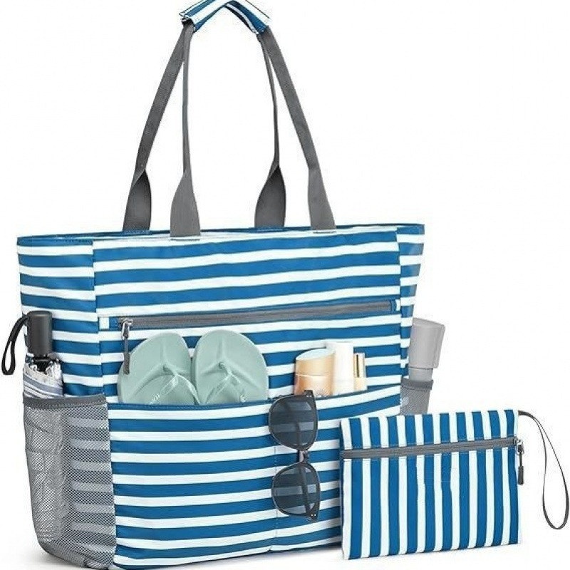 Large Waterproof Beach Bag with Zipper – Spacious, Foldable Beach Tote with 13 Pockets for Summer Getaways