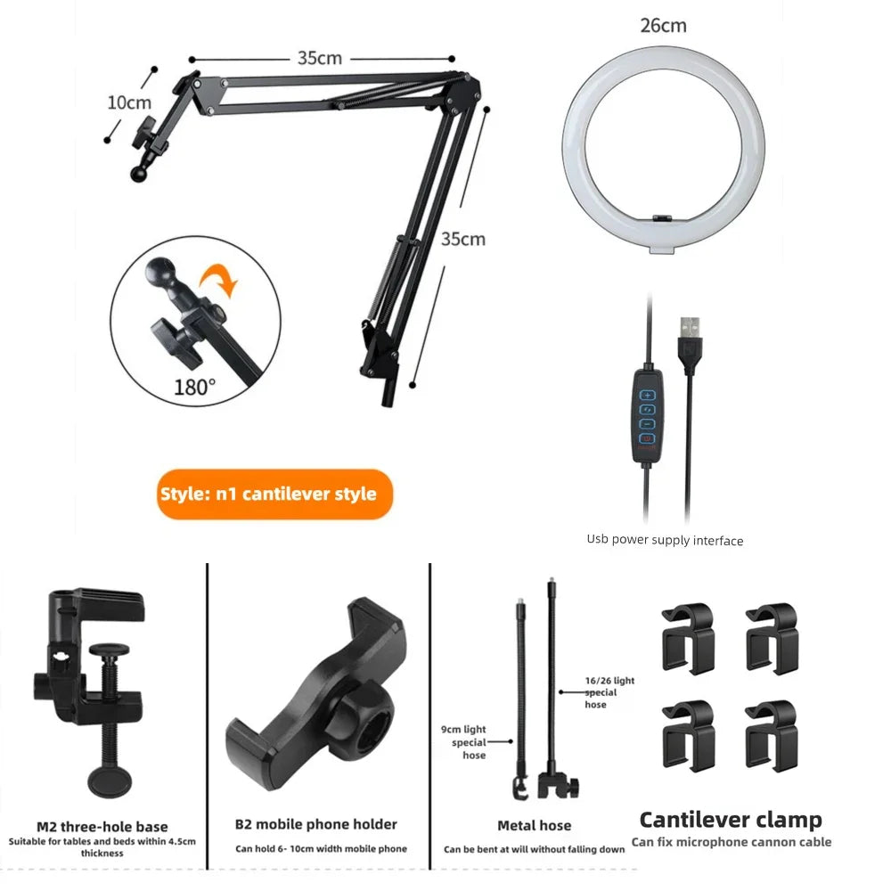 LED Ring Light with Flexible Arm and Phone Holder - 3 Light Modes, USB Powered for Livestreaming, Video and Selfies
