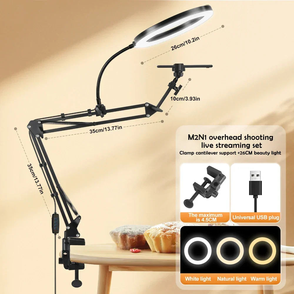 LED Ring Light with Flexible Arm and Phone Holder - 3 Light Modes, USB Powered for Livestreaming, Video and Selfies