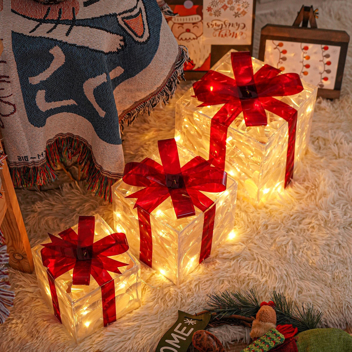 Light-Up Christmas Gift Boxes – Set of 3 Decorative Boxes