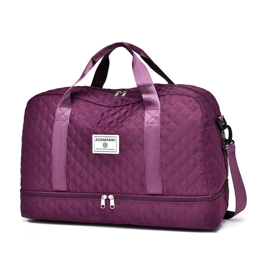 Lightweight Diamond-Pattern Travel Bag - Large Foldable Sports and Weekend Duffle Bag with Shoe and Wet Compartments, Carry-On Approved