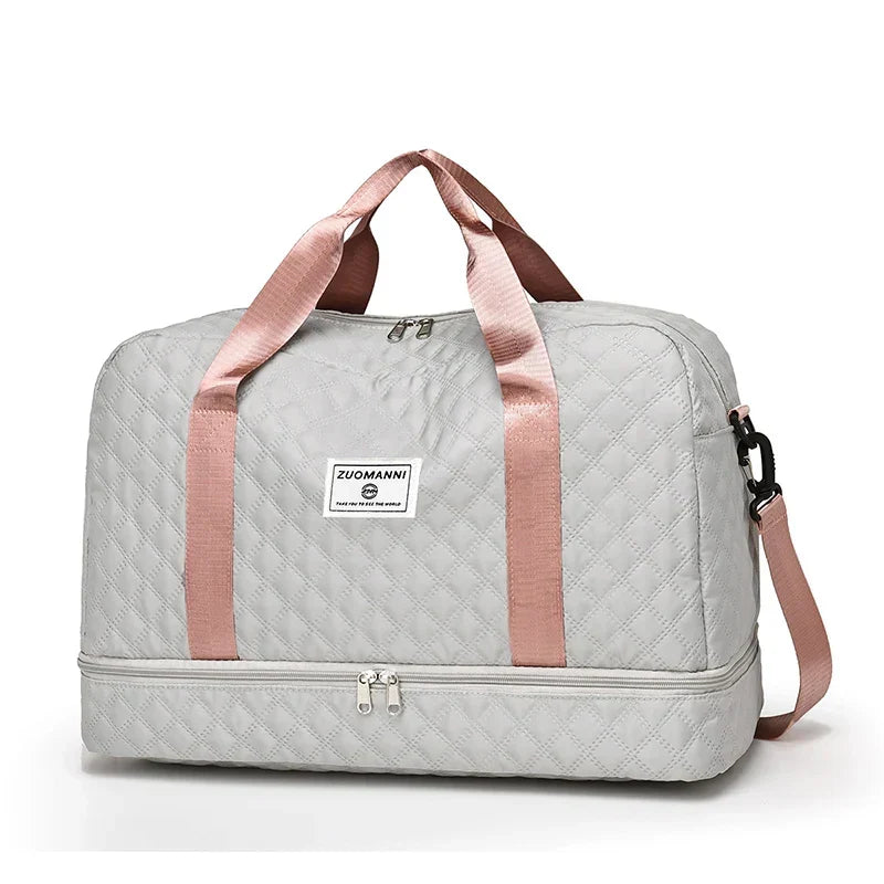 Lightweight Diamond-Pattern Travel Bag - Large Foldable Sports and Weekend Duffle Bag with Shoe and Wet Compartments, Carry-On Approved