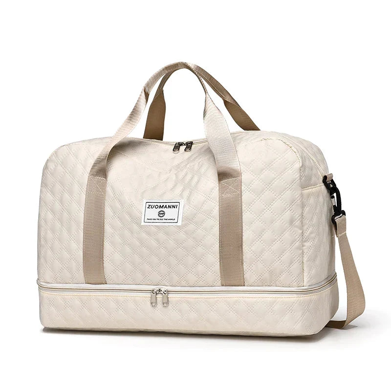 Lightweight Diamond-Pattern Travel Bag - Large Foldable Sports and Weekend Duffle Bag with Shoe and Wet Compartments, Carry-On Approved