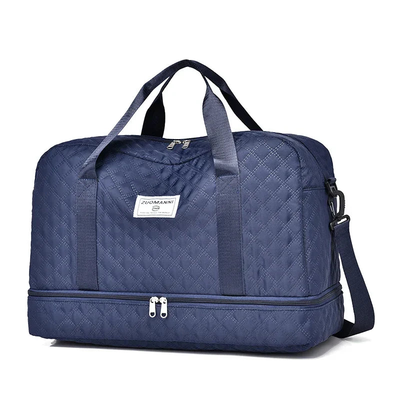 Lightweight Diamond-Pattern Travel Bag - Large Foldable Sports and Weekend Duffle Bag with Shoe and Wet Compartments, Carry-On Approved