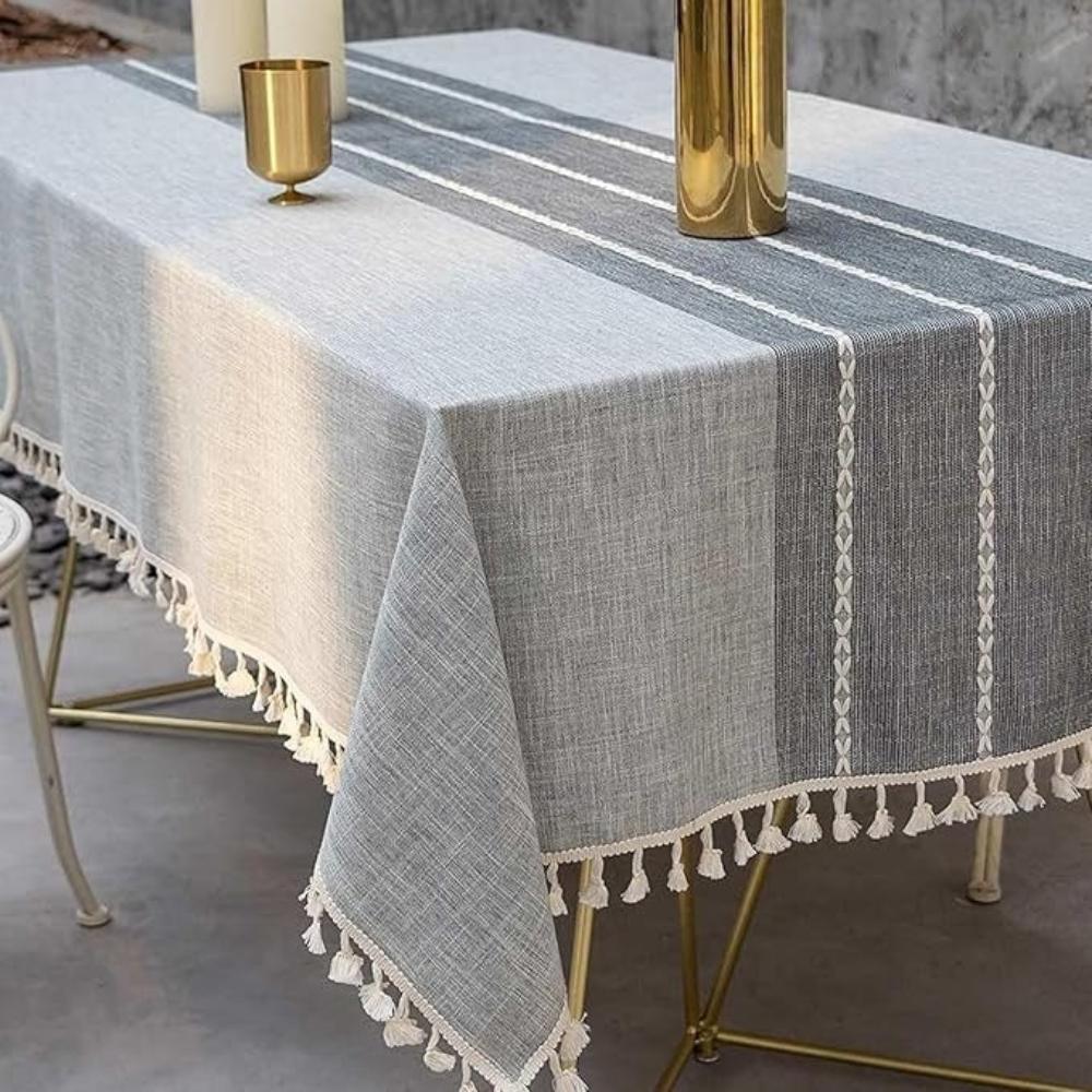 Linen Tablecloth with Geometric Pattern and Tassels