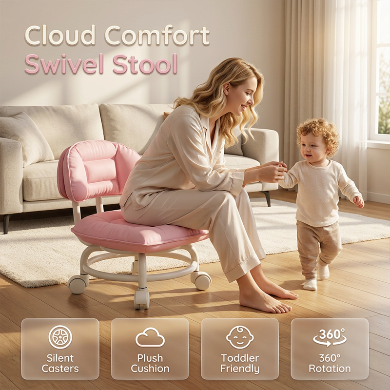 Low Rolling Stool with Backrest, Quiet 360° Swivel Casters & Padded Seat