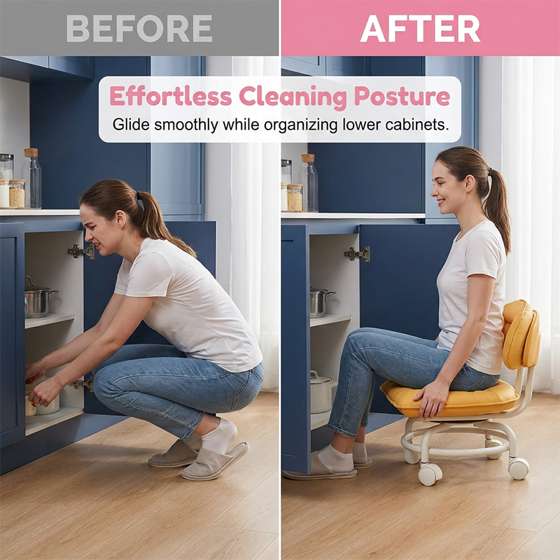 Low Rolling Stool with Backrest, Quiet 360° Swivel Casters & Padded Seat