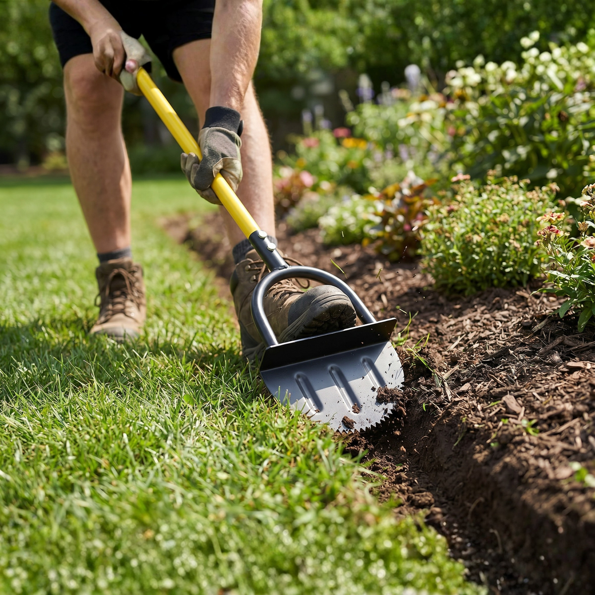 Manual Lawn Edger with Crescent Serrated Blade and Built-In Footrest for Garden Beds