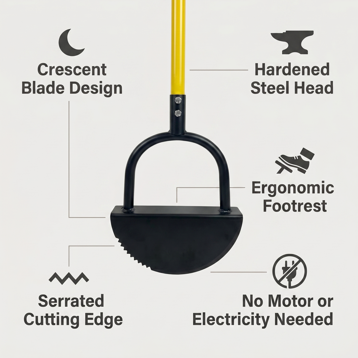 Manual Lawn Edger with Crescent Serrated Blade and Built-In Footrest for Garden Beds