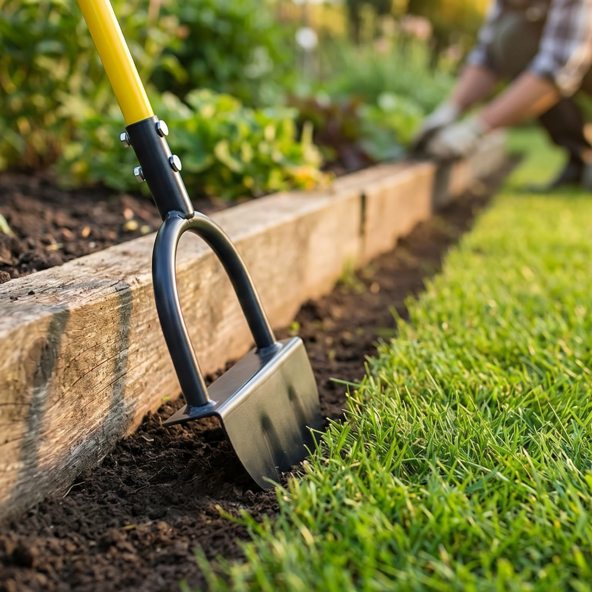 Manual Lawn Edger with Crescent Serrated Blade and Built-In Footrest for Garden Beds