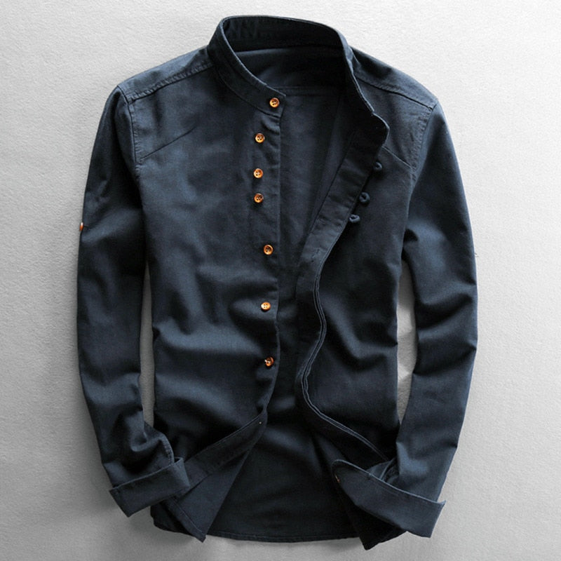 Men's Band Collar Long Sleeve Shirt
