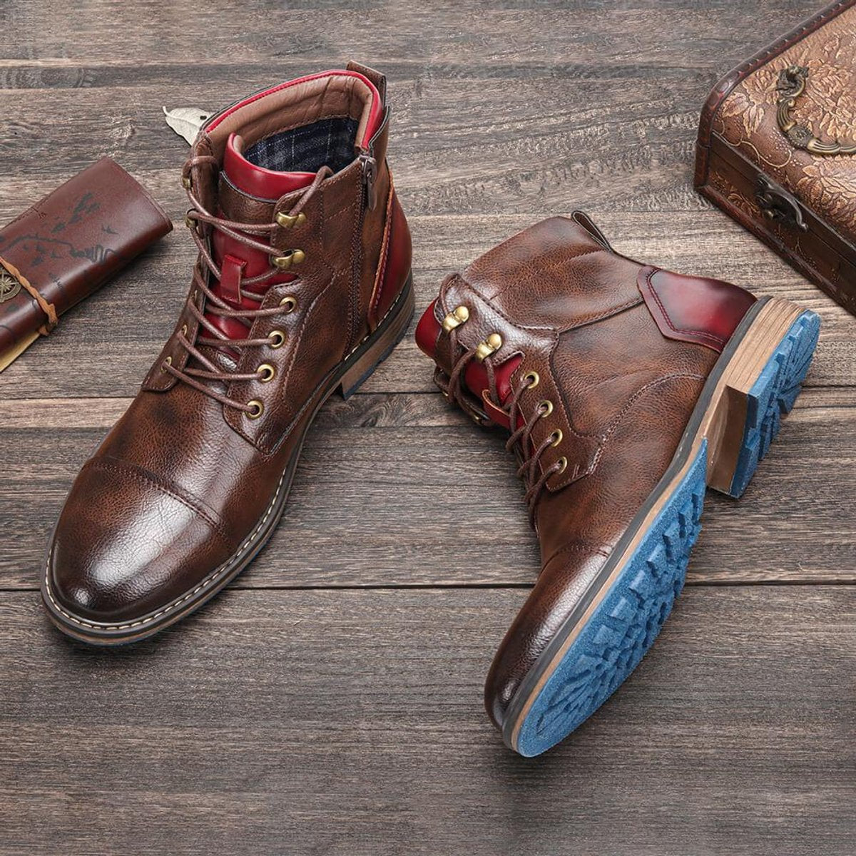 Men's Brown Lace-Up Ankle Oxford Boots with Side Zipper