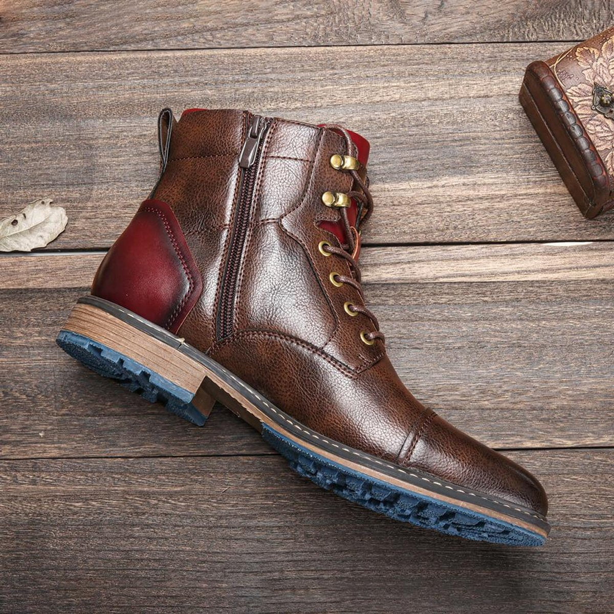 Men's Brown Lace-Up Ankle Oxford Boots with Side Zipper
