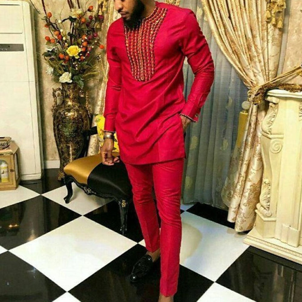 Men's Dashiki Set: Traditional Long-Sleeve Top and Slim-Fit Trousers