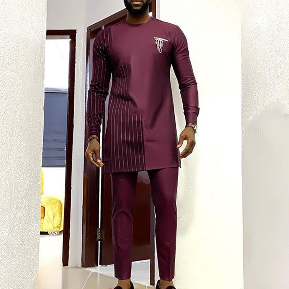 Men's Dashiki Set: Traditional Long-Sleeve Top and Slim-Fit Trousers