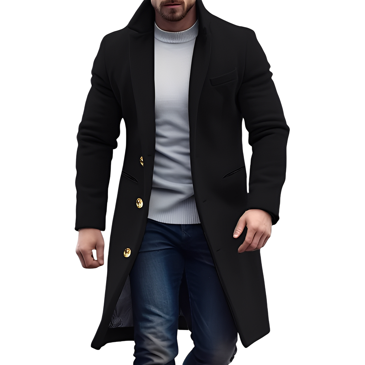 Men's Double-Breasted Long Coat with Notched Collar