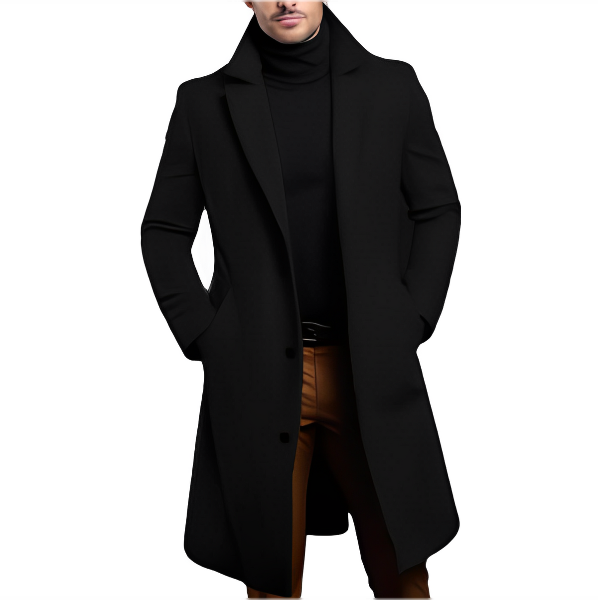 Men's Double-Breasted Long Coat with Notched Collar