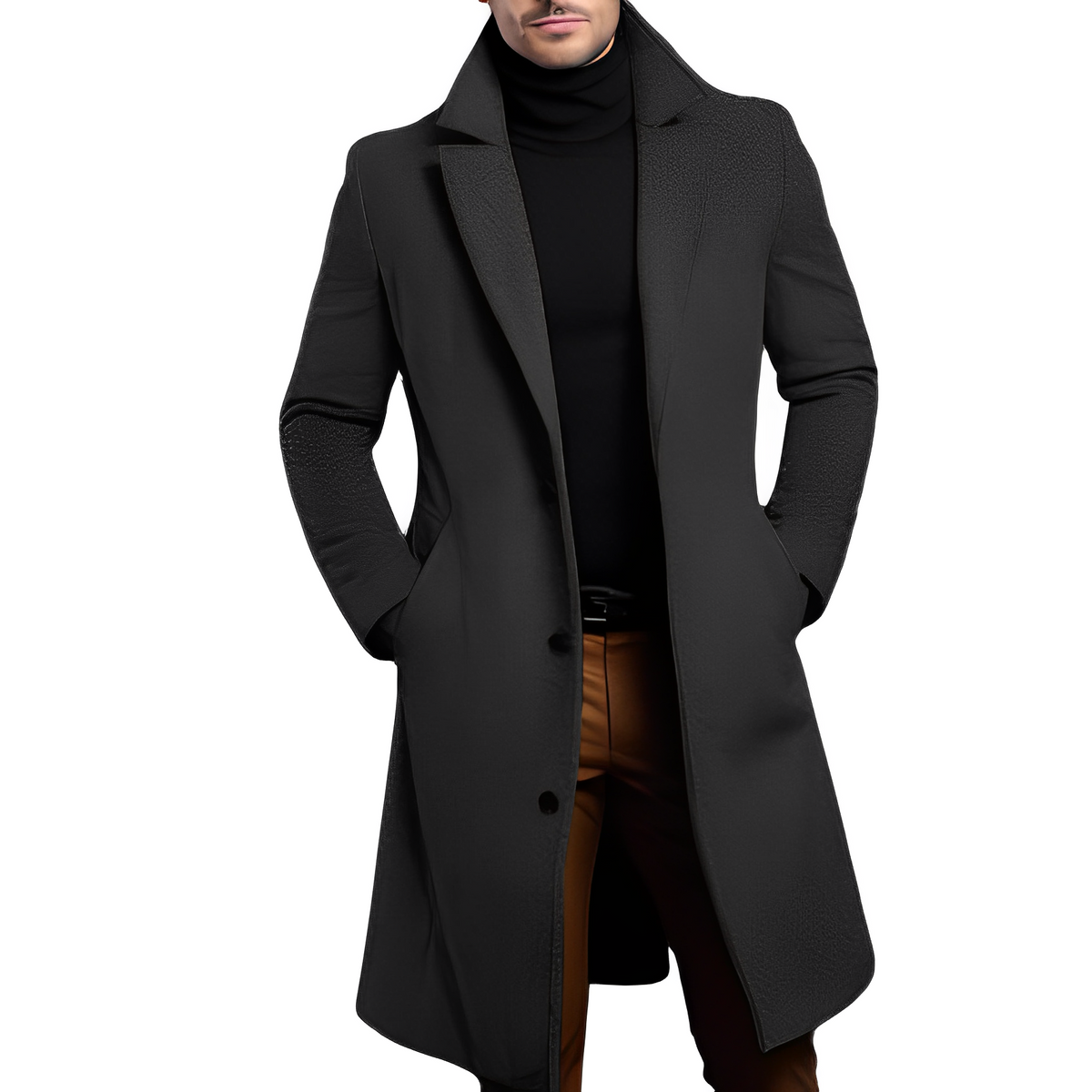 Men's Double-Breasted Long Coat with Notched Collar