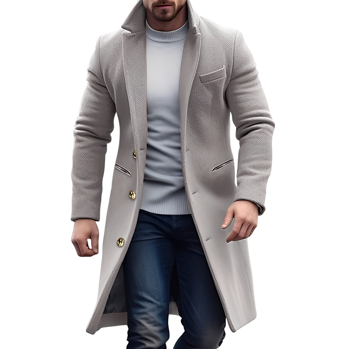 Men's Double-Breasted Long Coat with Notched Collar