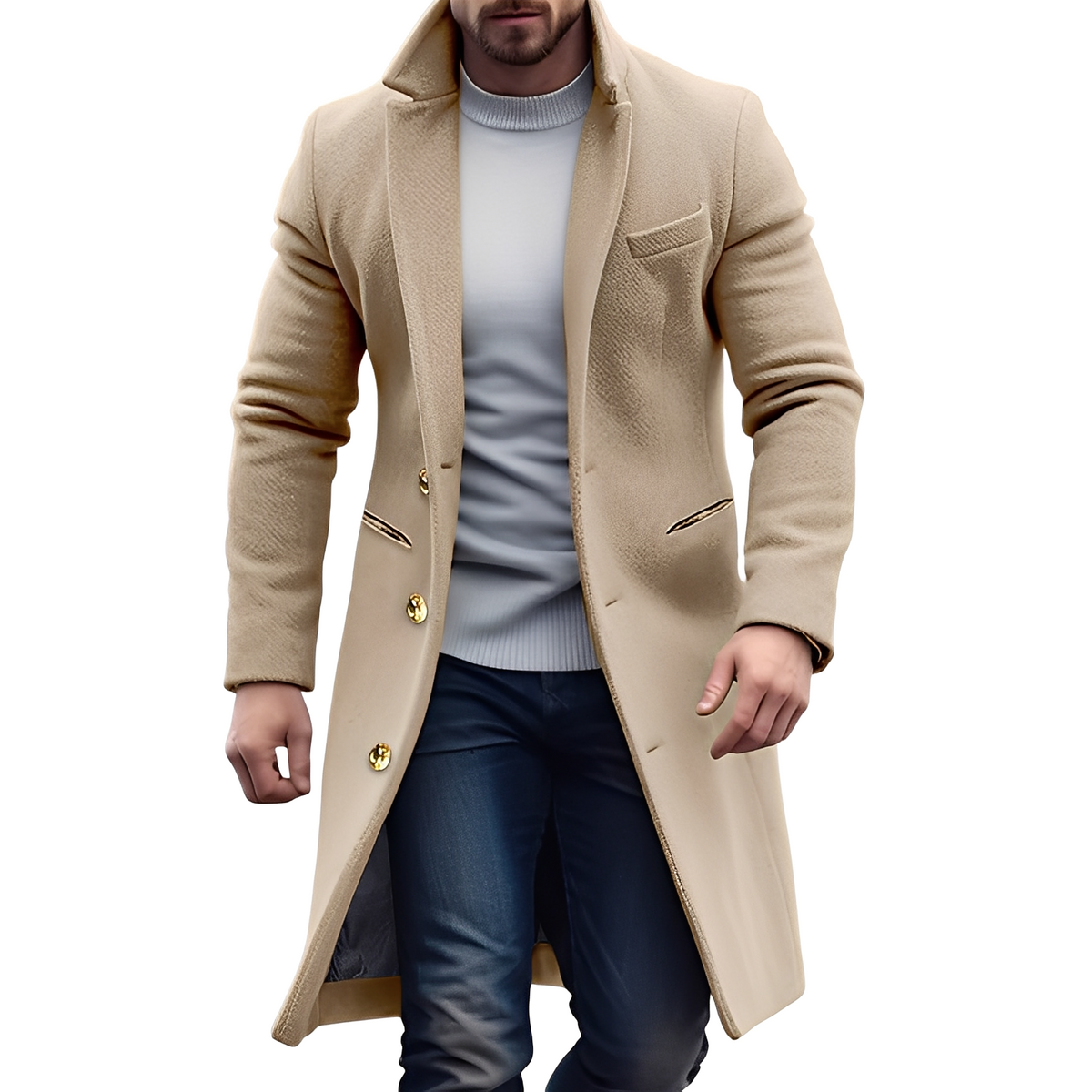 Men's Double-Breasted Long Coat with Notched Collar