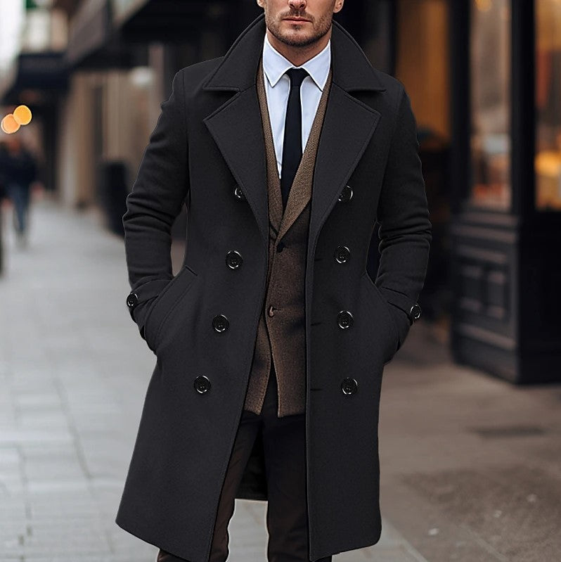 Men's Double-Breasted Longline Overcoat with Notch Lapels