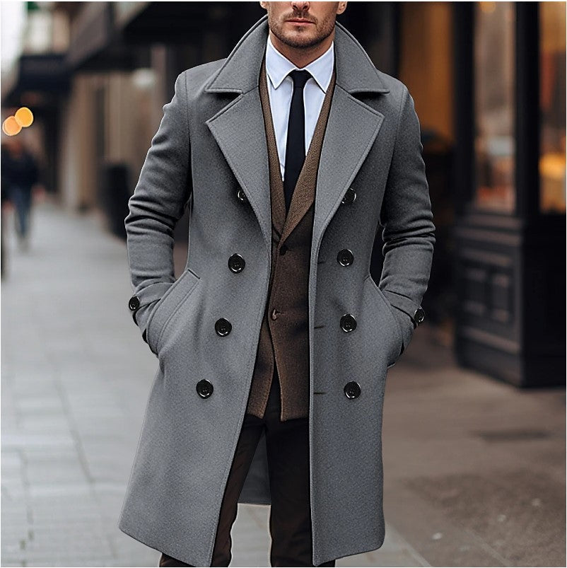 Men's Double-Breasted Longline Overcoat with Notch Lapels