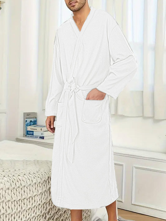 Men's Lightweight Waffle Kimono Bathrobe with Patch Pockets