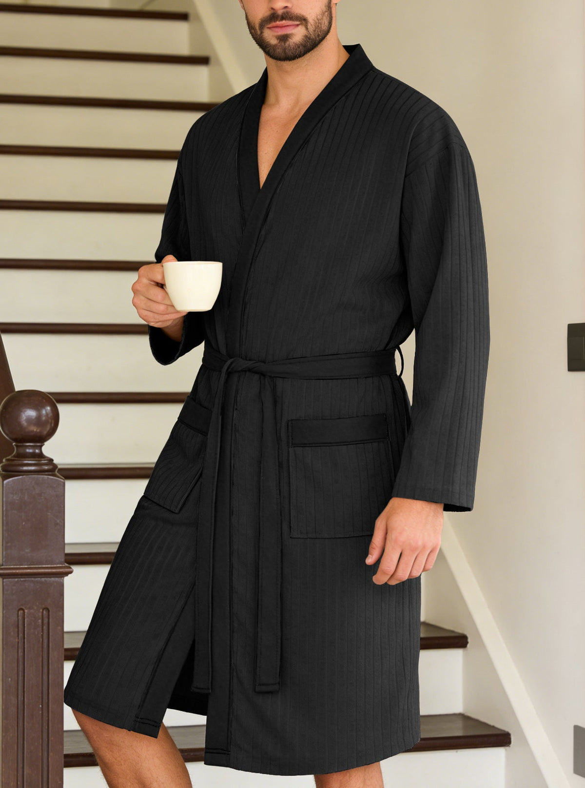 Men's Lightweight Waffle Kimono Bathrobe with Patch Pockets