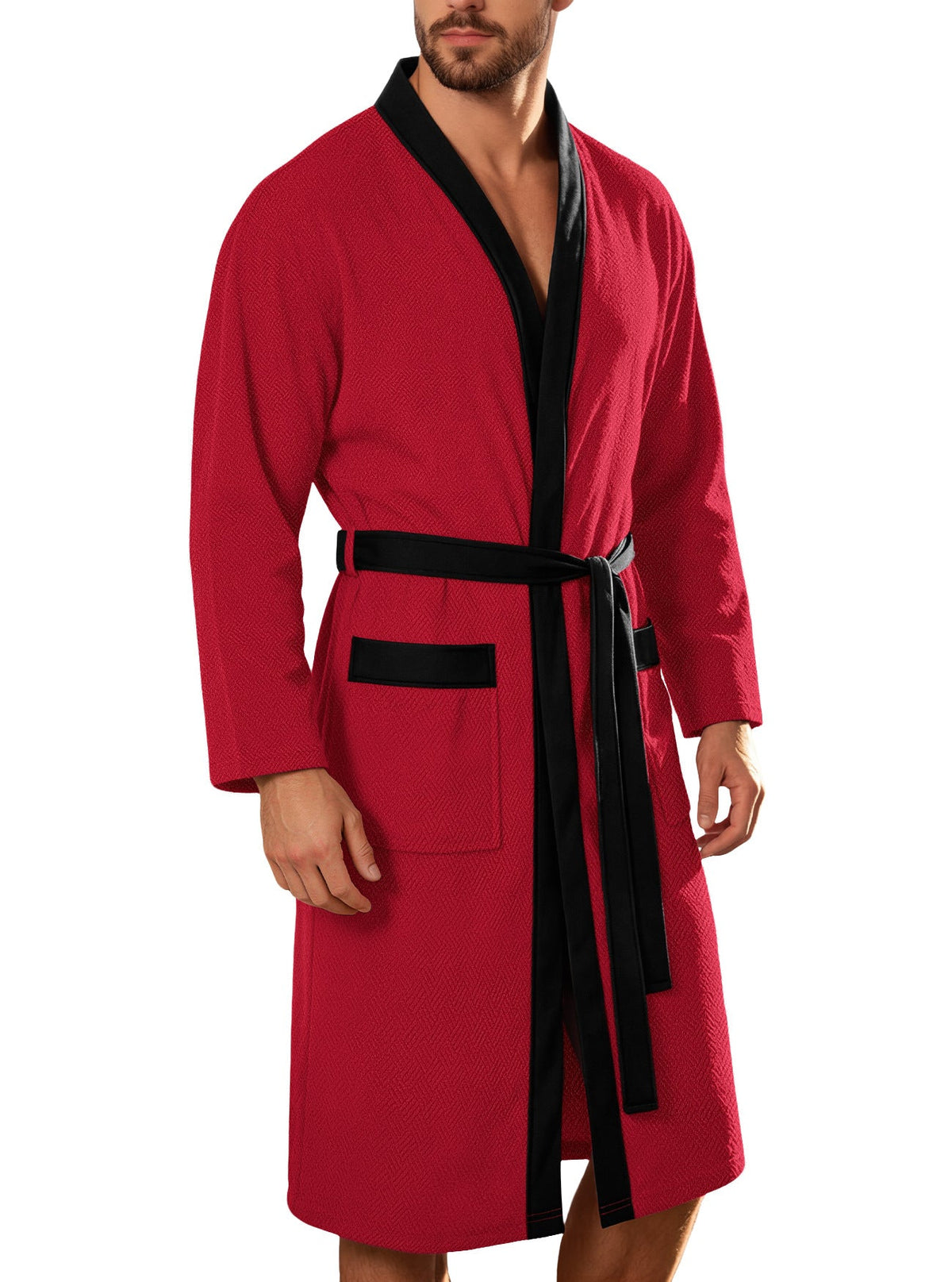 Men's Lightweight Waffle Kimono Bathrobe with Patch Pockets