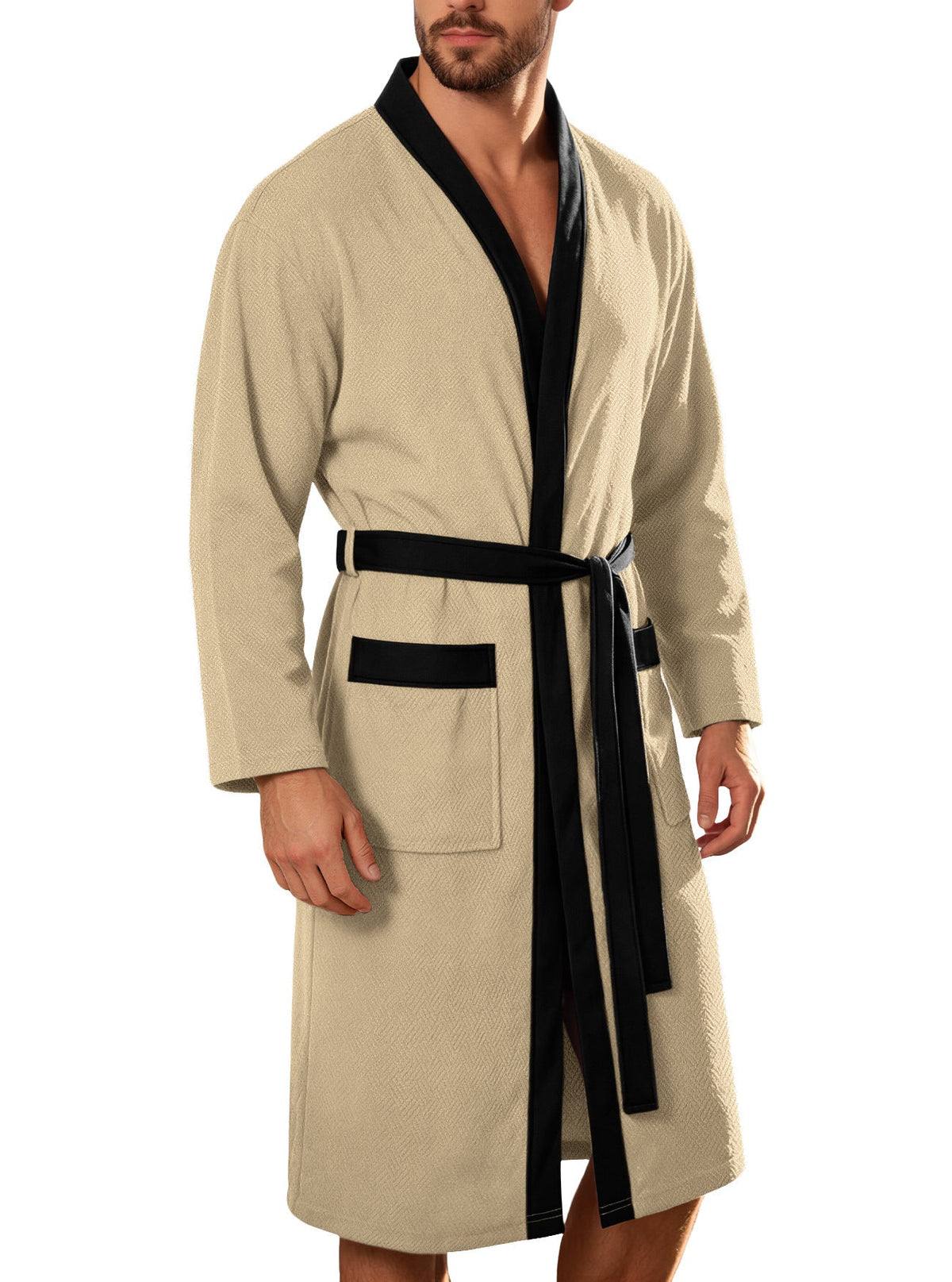 Men's Lightweight Waffle Kimono Bathrobe with Patch Pockets
