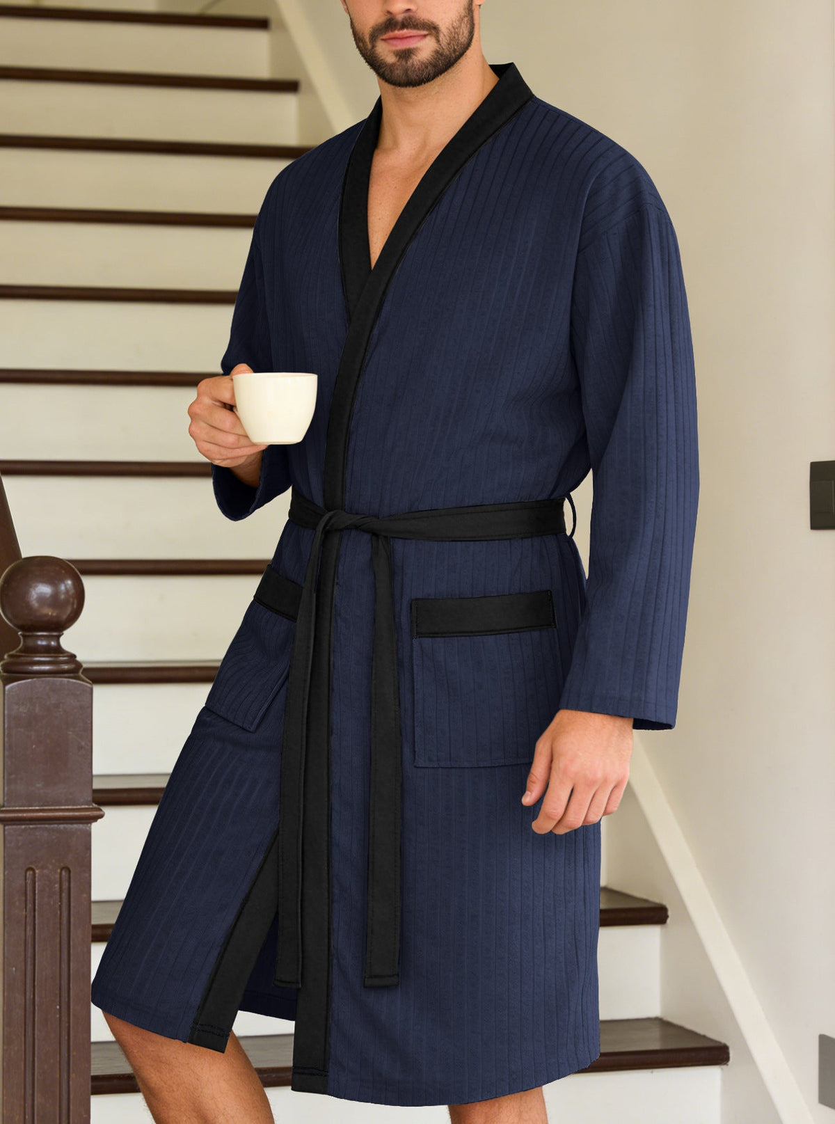 Men's Lightweight Waffle Kimono Bathrobe with Patch Pockets