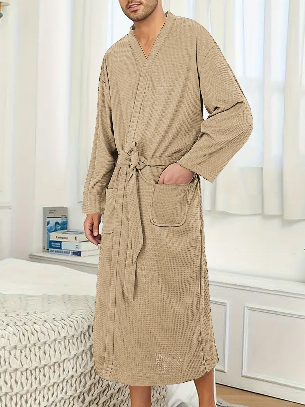 Men's Lightweight Waffle Kimono Bathrobe with Patch Pockets
