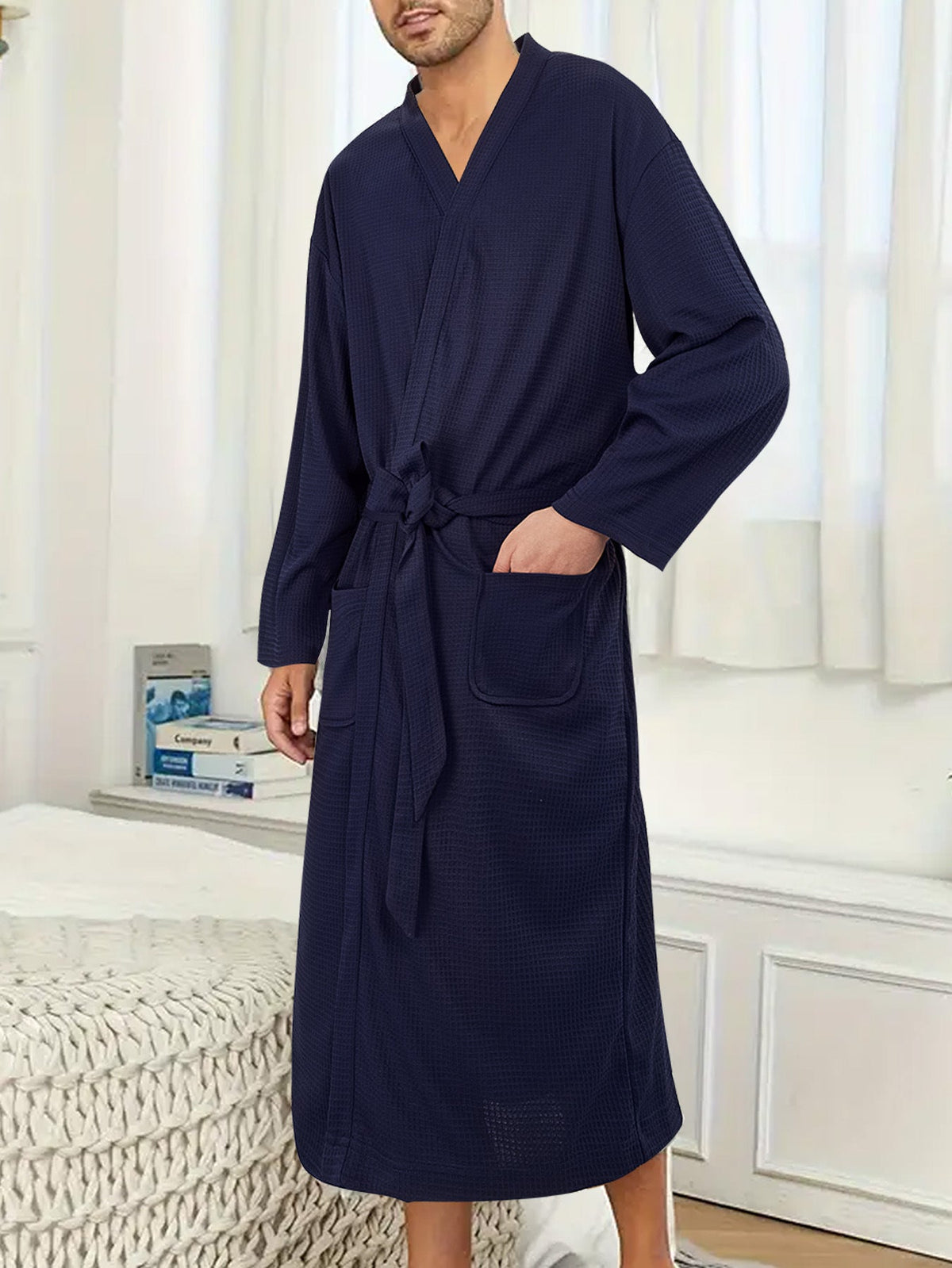 Men's Lightweight Waffle Kimono Bathrobe with Patch Pockets