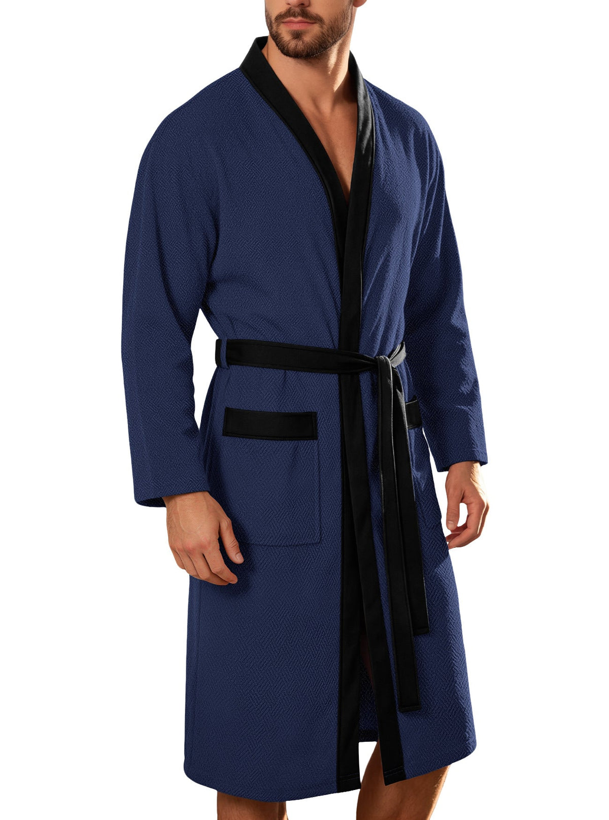 Men's Lightweight Waffle Kimono Bathrobe with Patch Pockets
