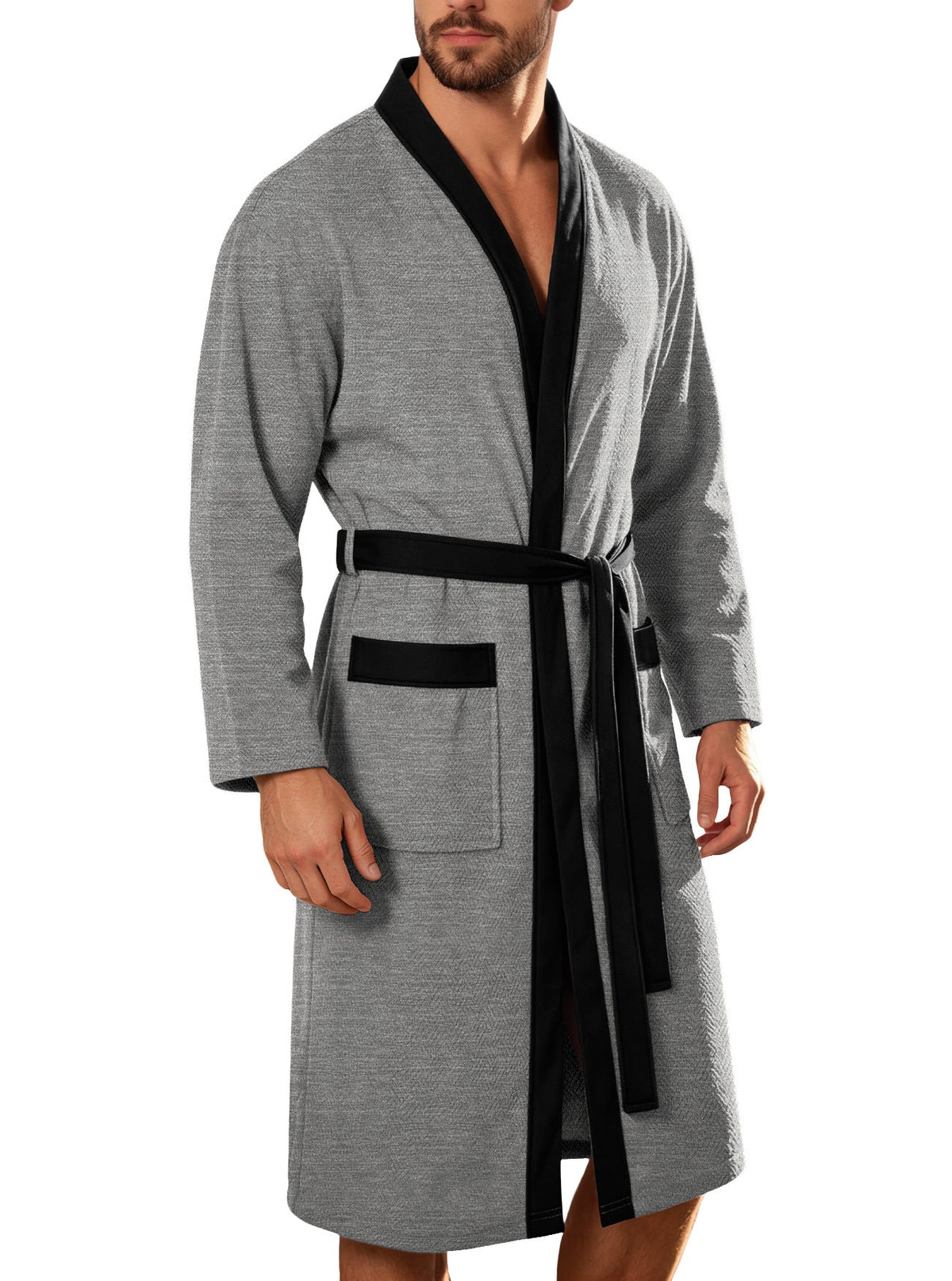 Men's Lightweight Waffle Kimono Bathrobe with Patch Pockets