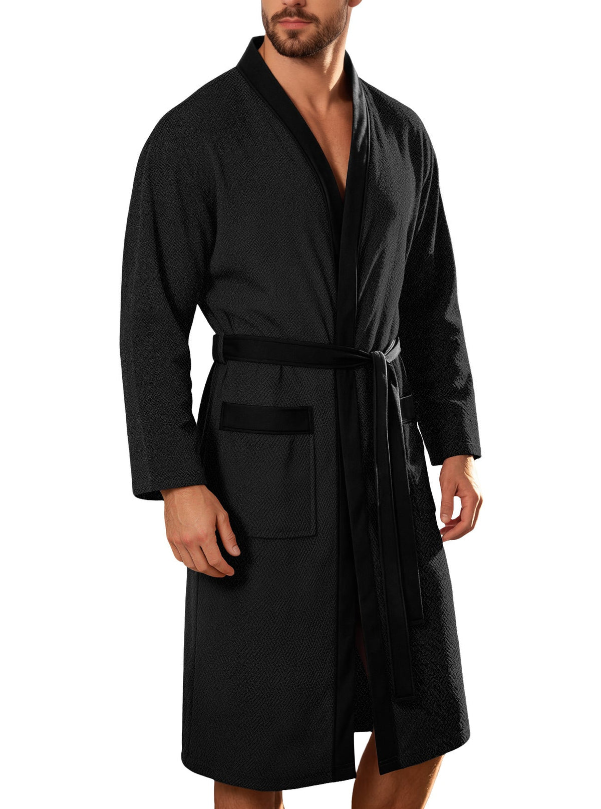 Men's Lightweight Waffle Kimono Bathrobe with Patch Pockets