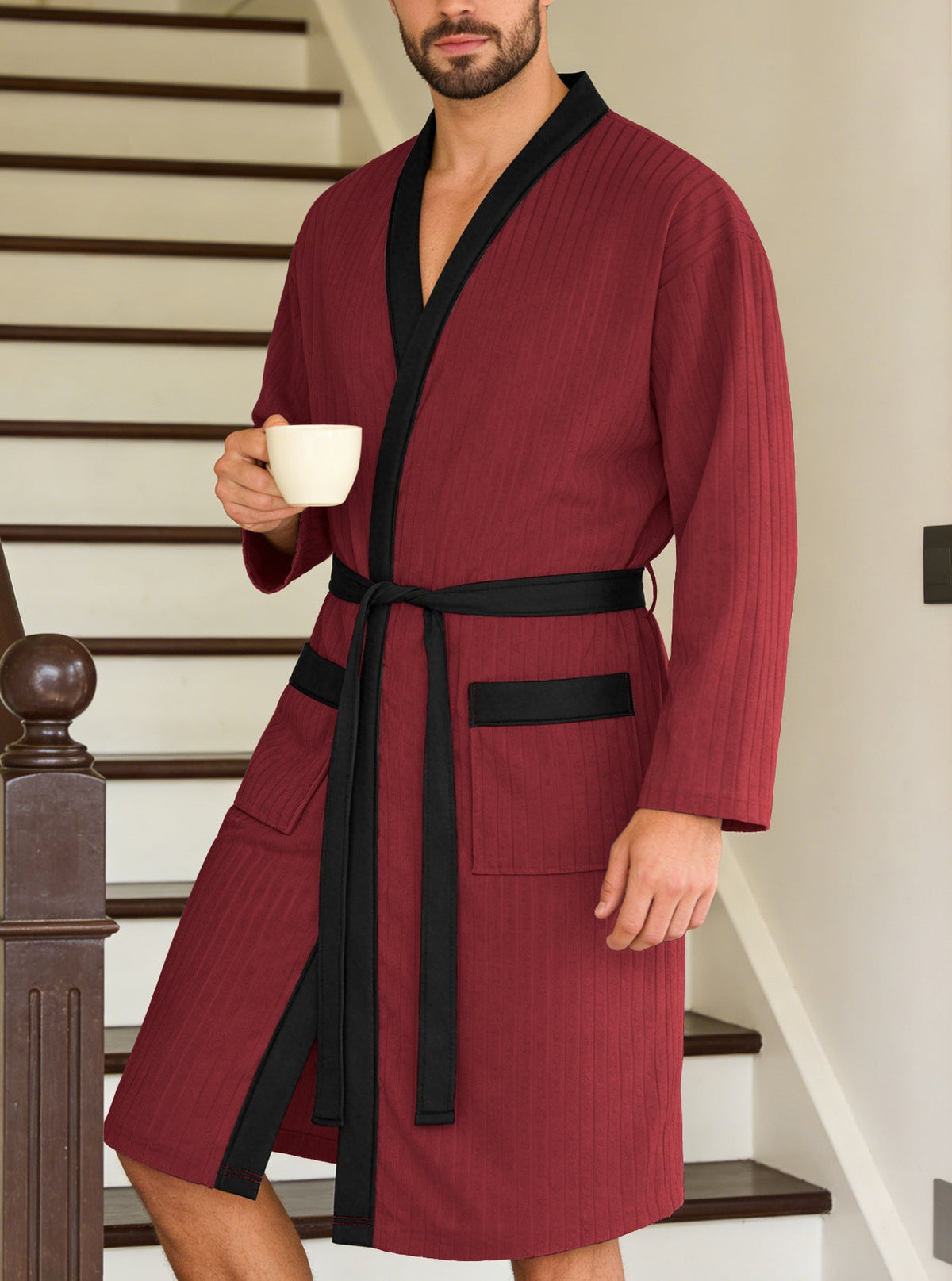 Men's Lightweight Waffle Kimono Bathrobe with Patch Pockets