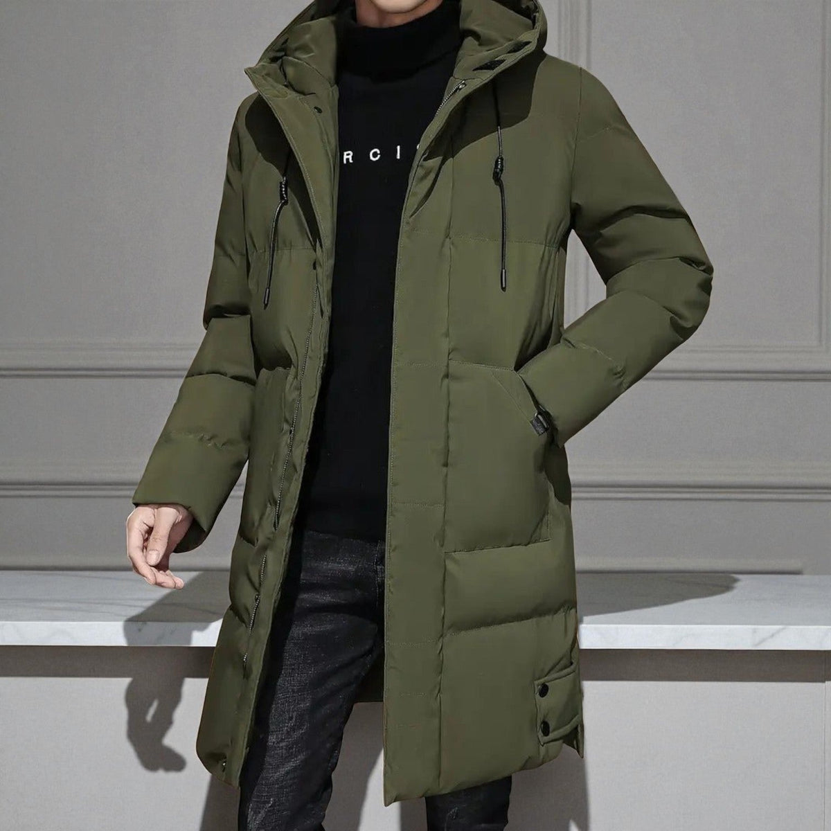 Men's Long Hooded Winter Parka - Warm Padded Coat with Pockets
