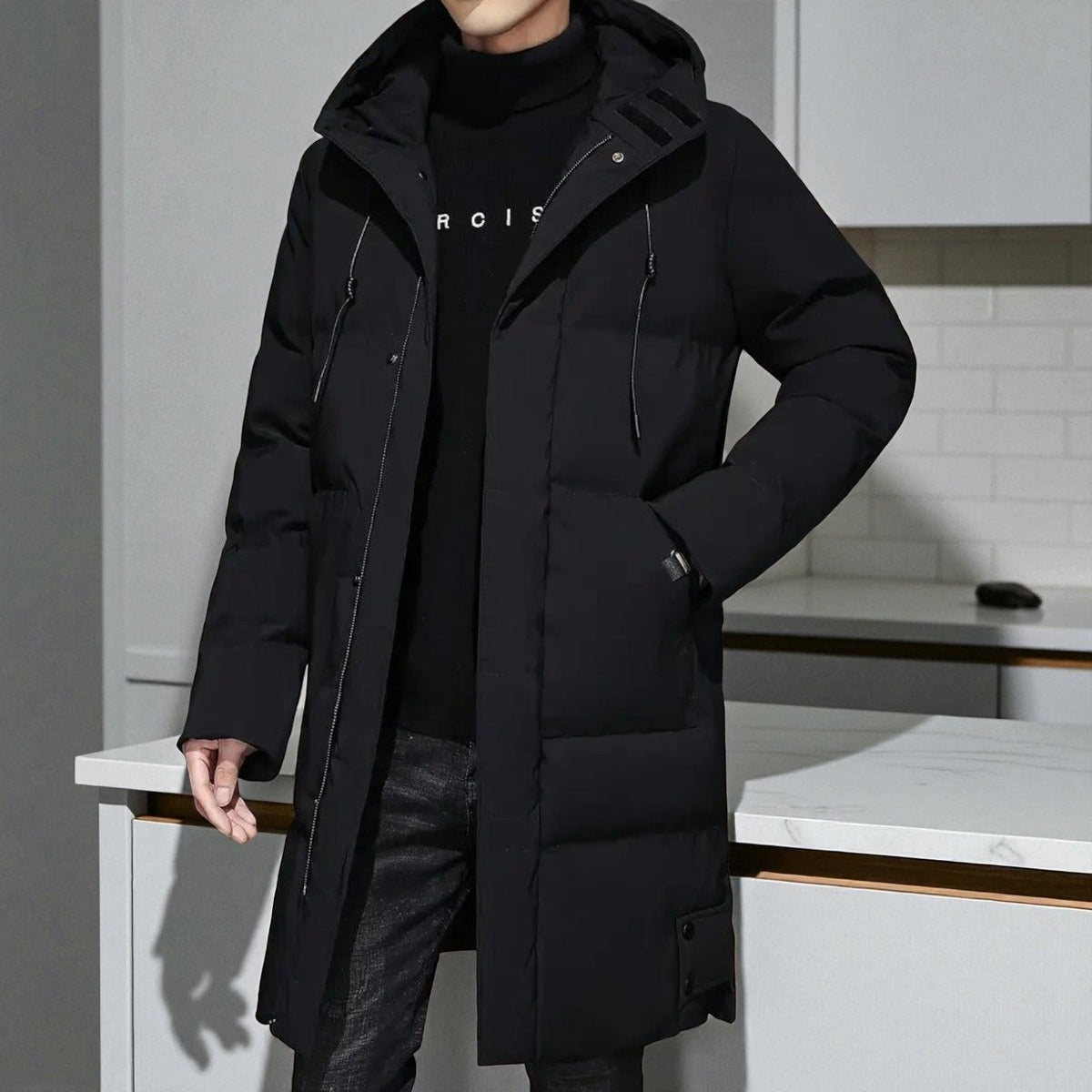 Men's Long Hooded Winter Parka - Warm Padded Coat with Pockets