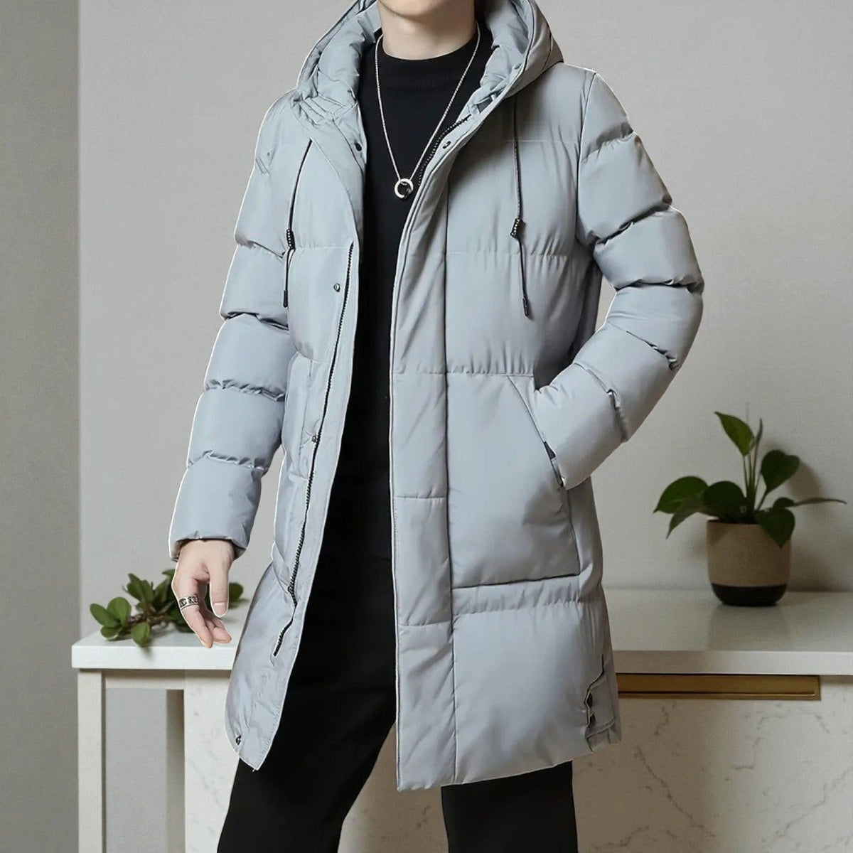 Men's Long Hooded Winter Parka - Warm Padded Coat with Pockets
