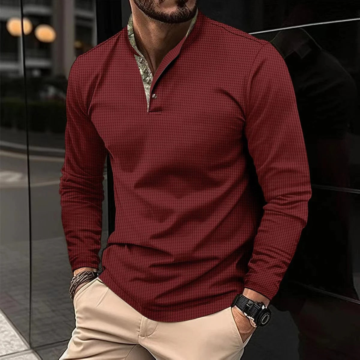 Men's Long-Sleeve Henley Polo Shirt