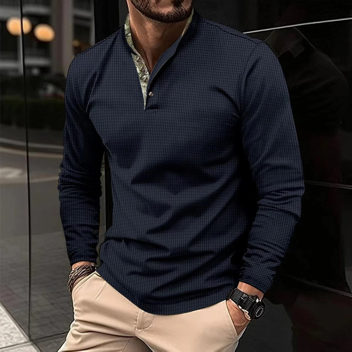 Men's Long-Sleeve Henley Polo Shirt