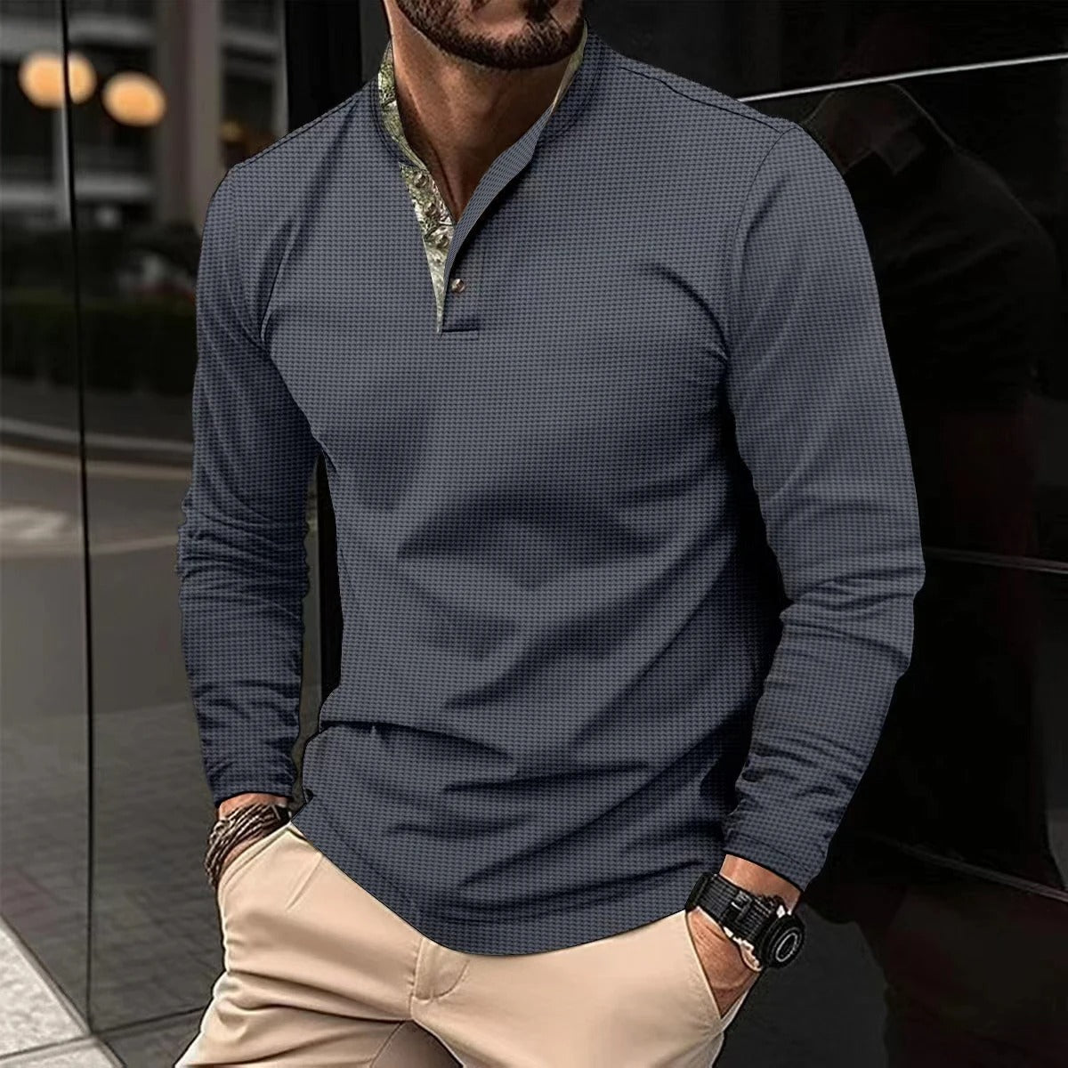 Men's Long-Sleeve Henley Polo Shirt