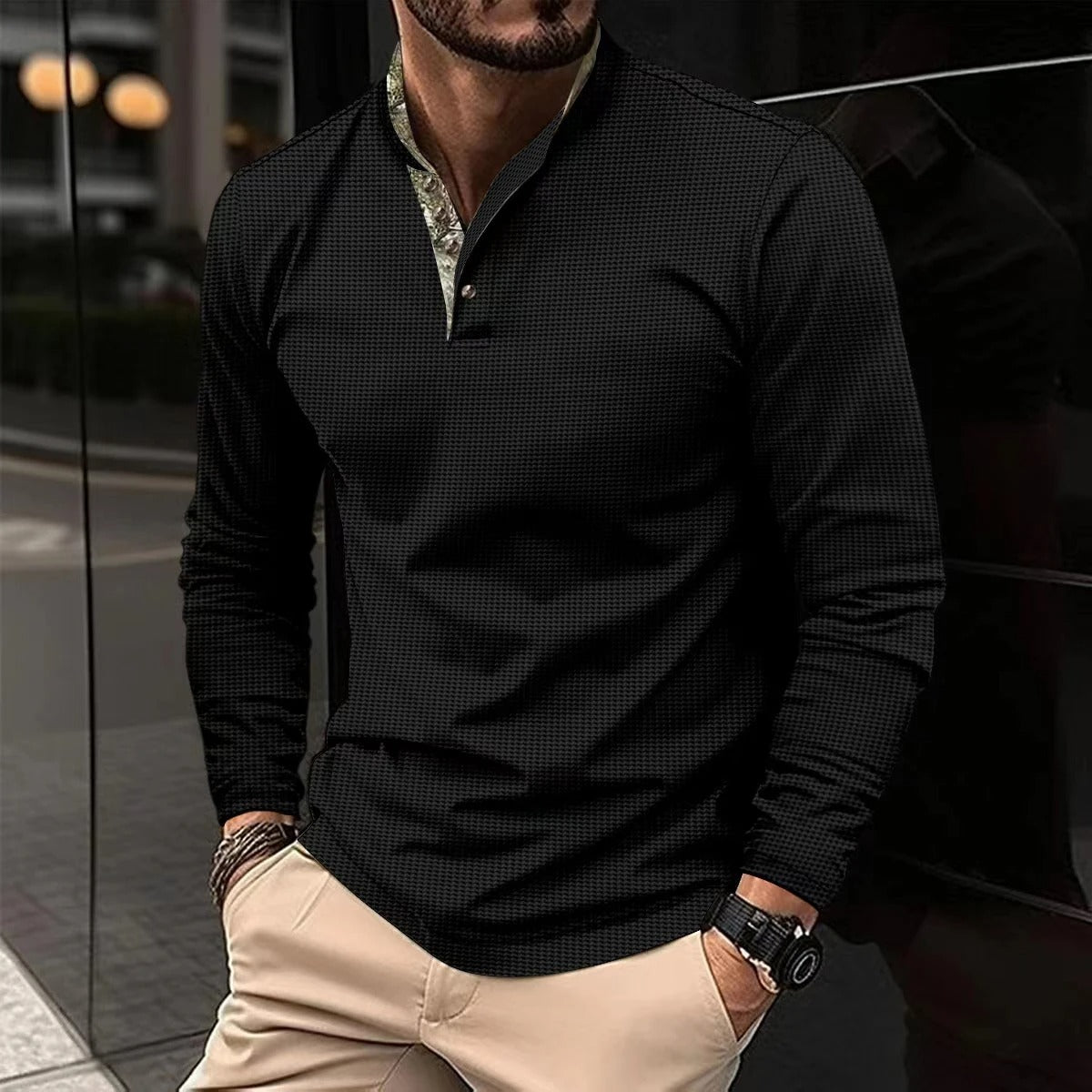 Men's Long-Sleeve Henley Polo Shirt
