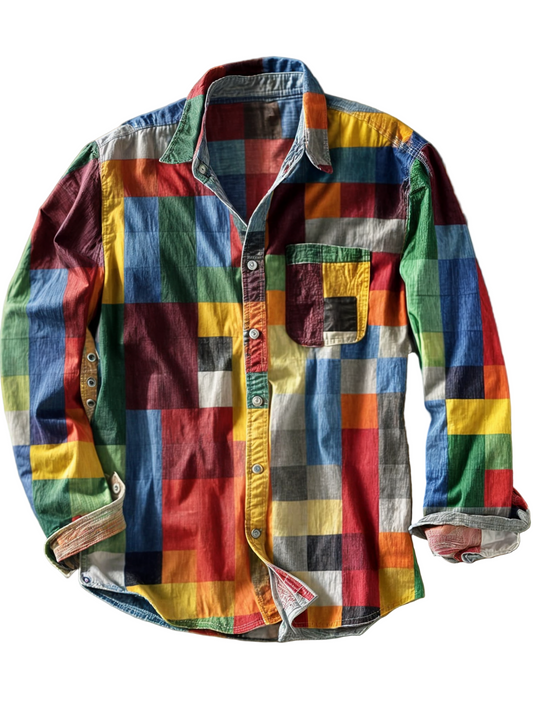 Men's Long-Sleeve Patchwork Shirt with Chest Pocket