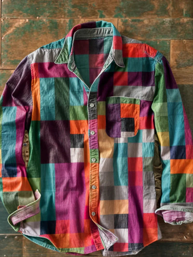 Men's Long-Sleeve Patchwork Shirt with Chest Pocket