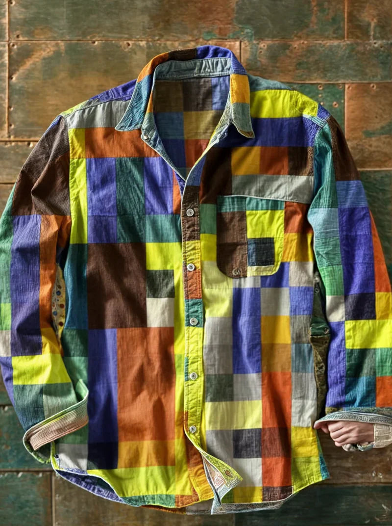 Men's Long-Sleeve Patchwork Shirt with Chest Pocket