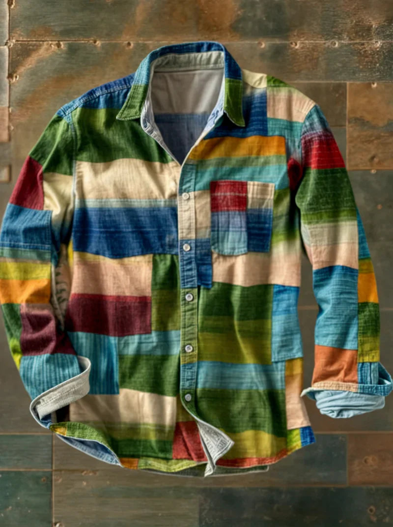 Men's Long-Sleeve Patchwork Shirt with Chest Pocket