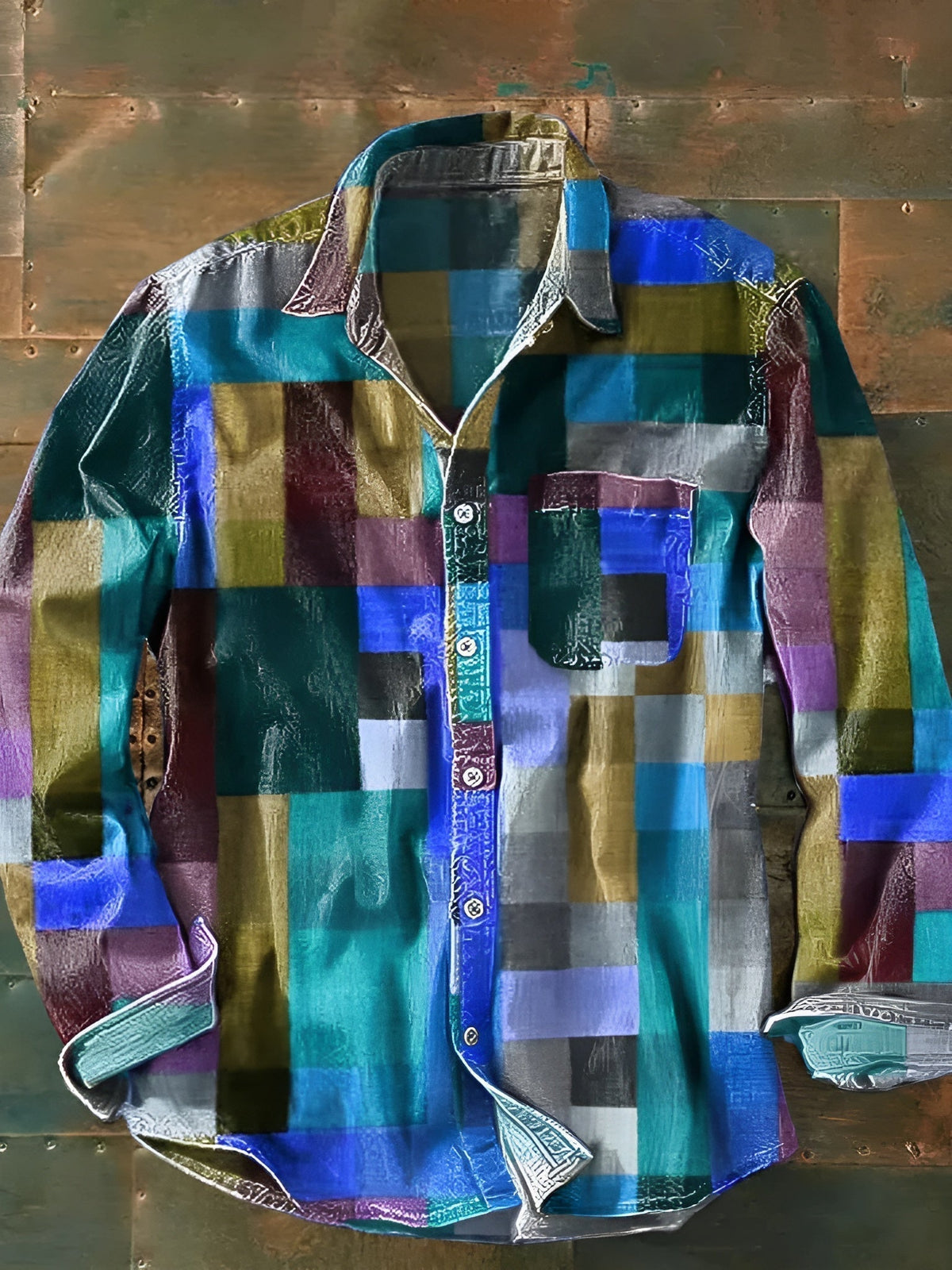 Men's Long-Sleeve Patchwork Shirt with Chest Pocket